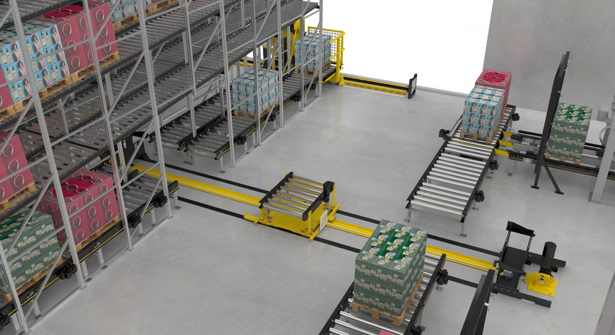 Interroll kompletterar MPP (Modular Pallet Conveyor Platform) med stapelkran och transfervagn